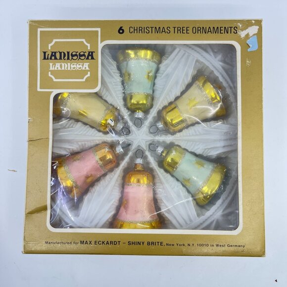 vintage 6 piece bell shaped glass christmas tree ornaments with glitter accents - Picture 1 of 10